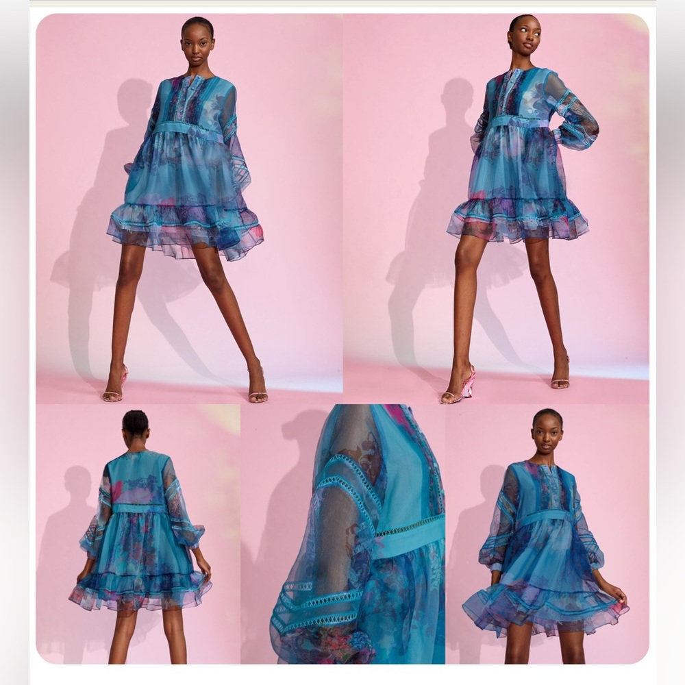 Cynthia Rowley Teal Watercolor Organza Mini Dress - size Small - PRISTINE - Picture 2 of 15